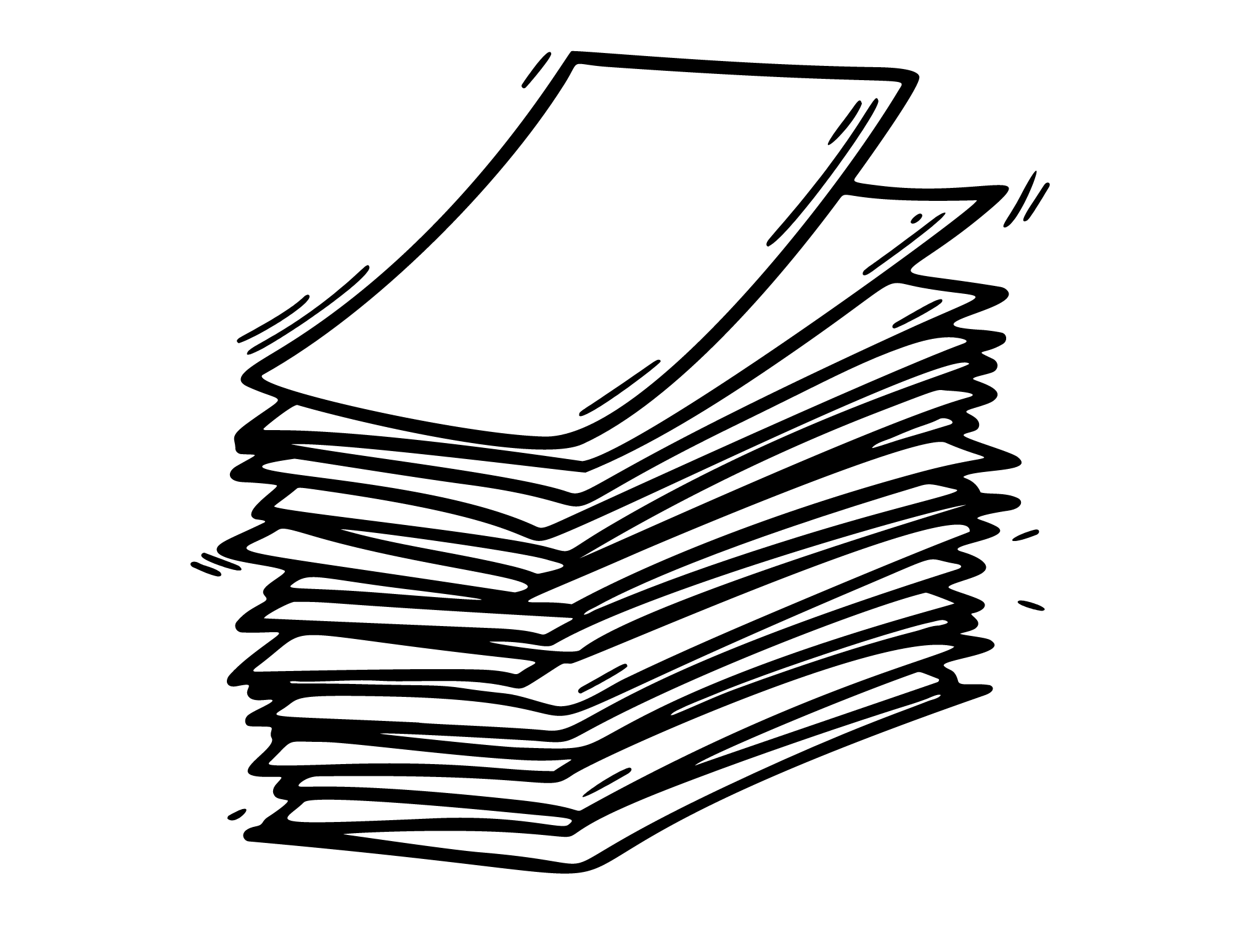 Stack of cartoon papers; black and white