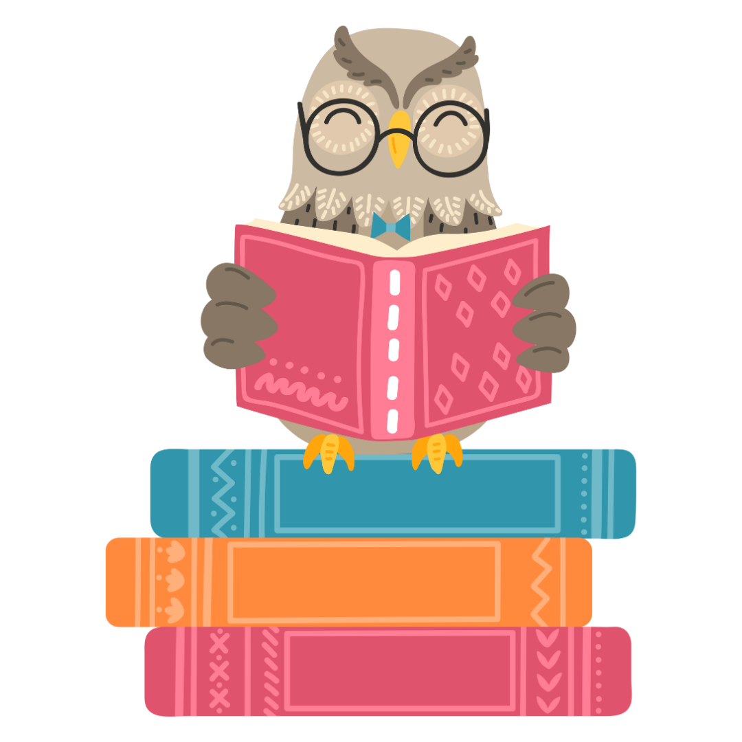 Cartoon image of an owl reading while sitting on a pile of books