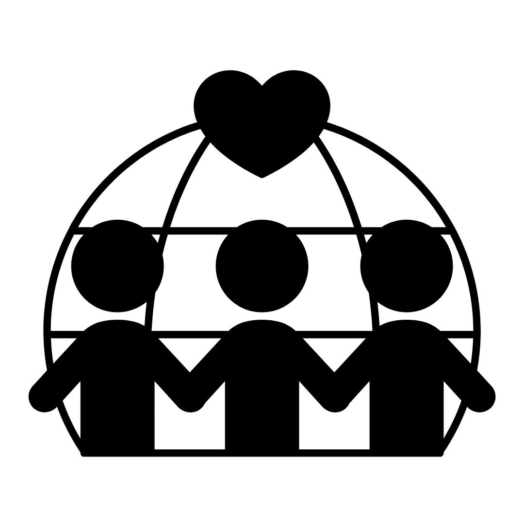 Three cartoon people holding hands around a cartoon image of earth with a heart on top
