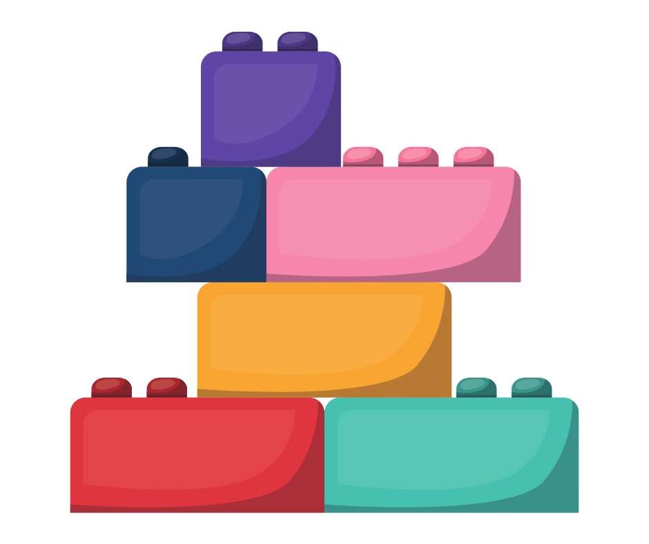 Cartoon Lego Blocks that vary in the colors pink, purple, blue, orange, red and green.