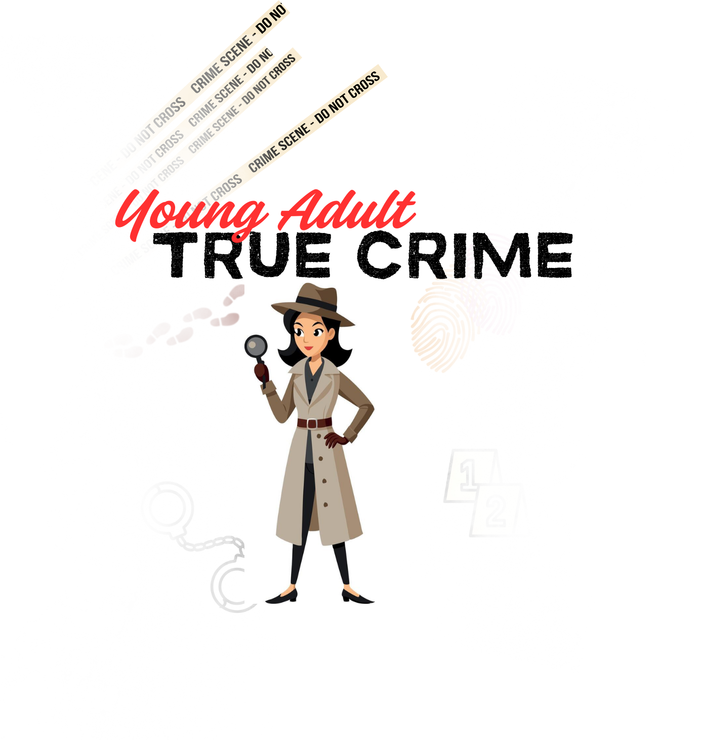 Young adult true crime with a female detective holding a magnifying glass.